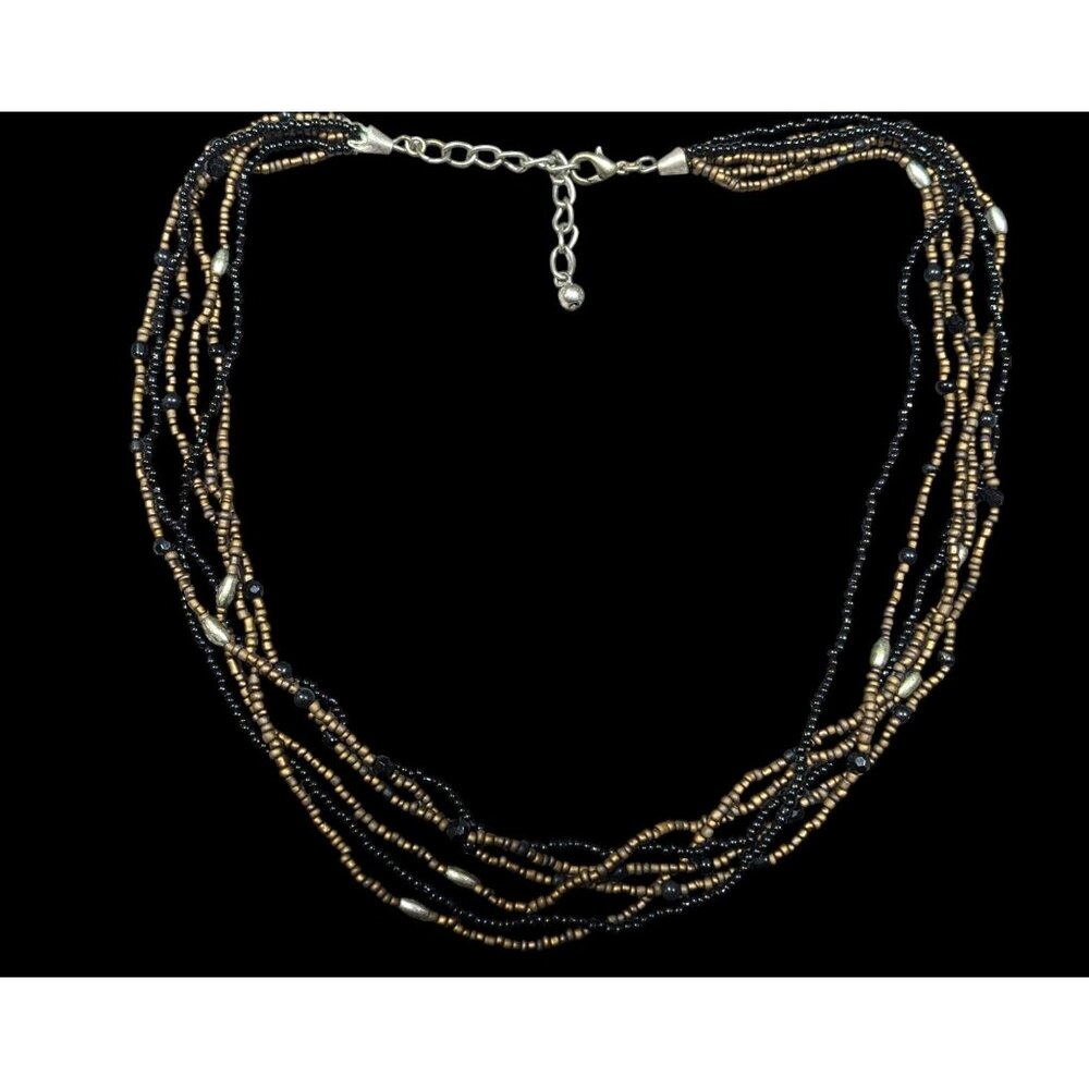 Elegant Black And Gold Tone Glass Beaded Multilayer Necklace